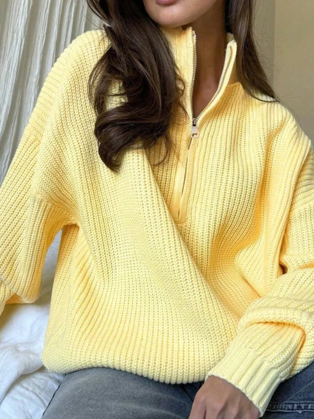Yellow Women's Casual Ribbed Long Sleeve Sweater